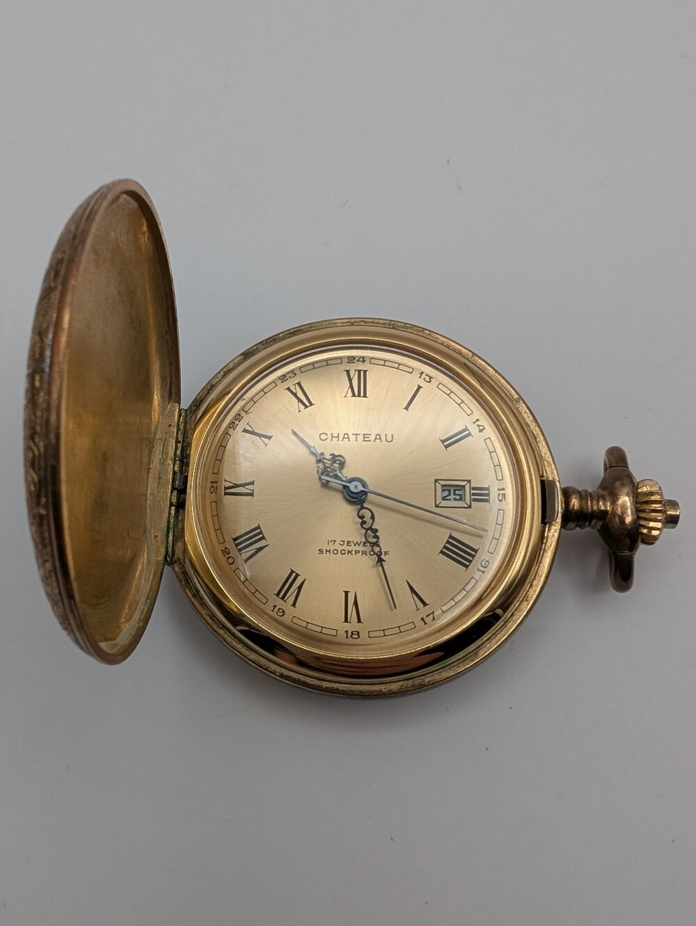 Vintage Chateau Hunter Pocket Watch 17 Jewels Shockproof Date Display